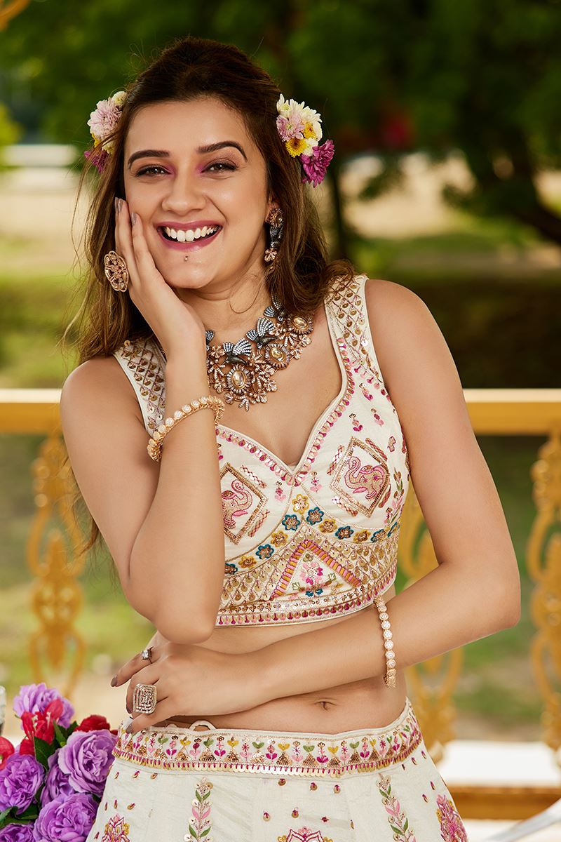 Flamboyant Cream Designer Indo-Western Lehenga Choli for Engagement, Reception, and Sangeet