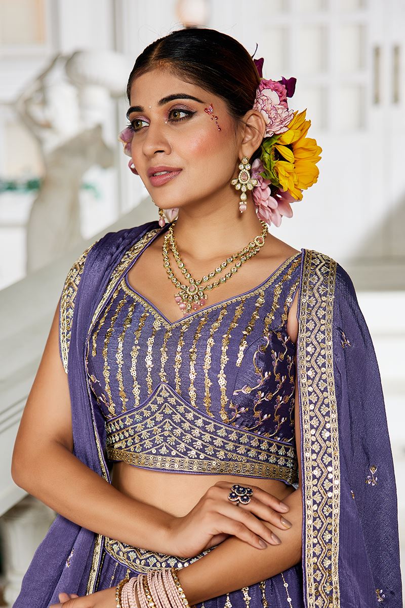 Mesmerizing Violet Designer Indo-Western Lehenga Choli for Engagement, Reception, and Sangeet