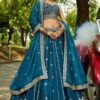 Dazzling Teal Designer Indo-Western Lehenga Choli for Engagement, Reception, and Sangeet