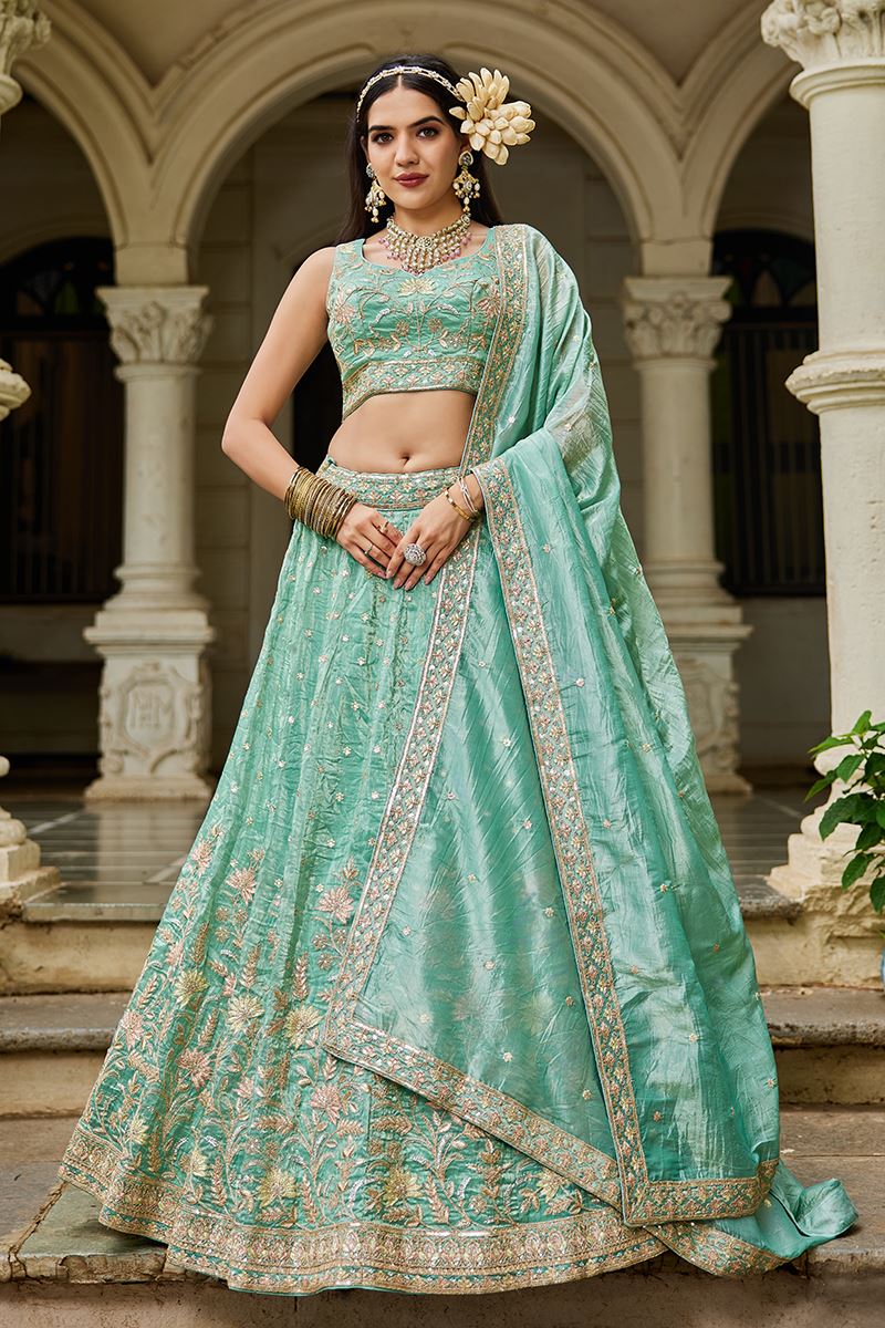 Fascinating Sea Green Designer Indo-Western Lehenga Choli for Engagement, Reception, and Sangeet