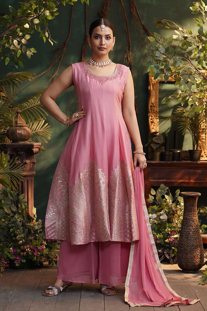 Flawless Pink Silk Designer Anarkali Suit for Festivals, Sangeet, and Parties