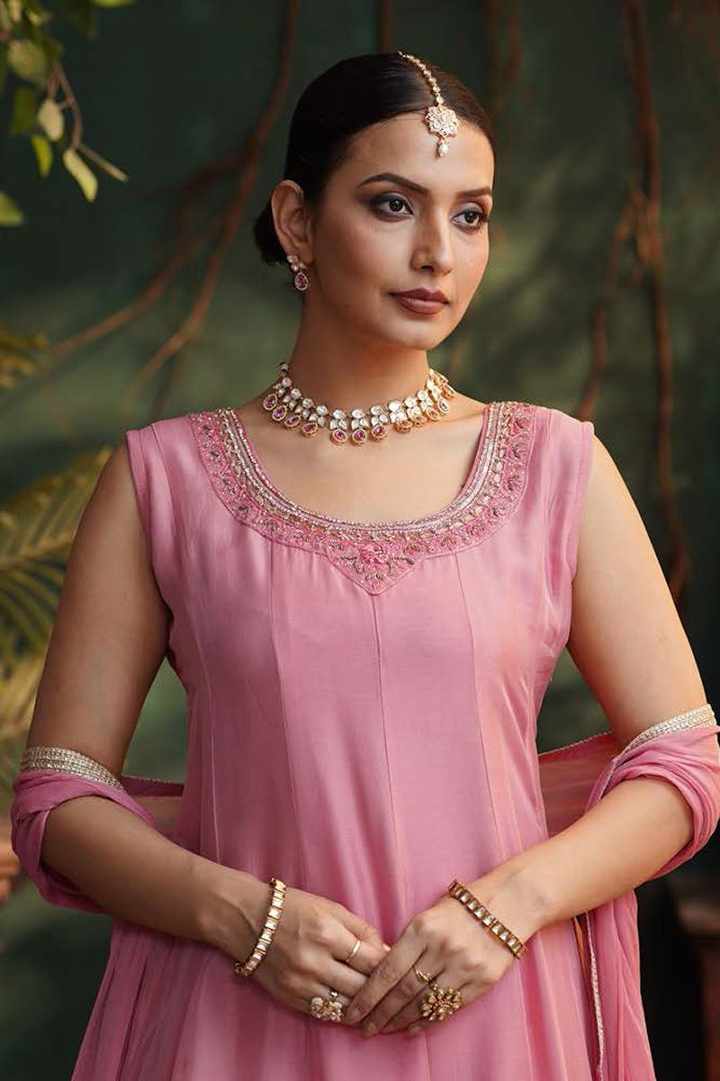 Flawless Pink Silk Designer Anarkali Suit for Festivals, Sangeet, and Parties
