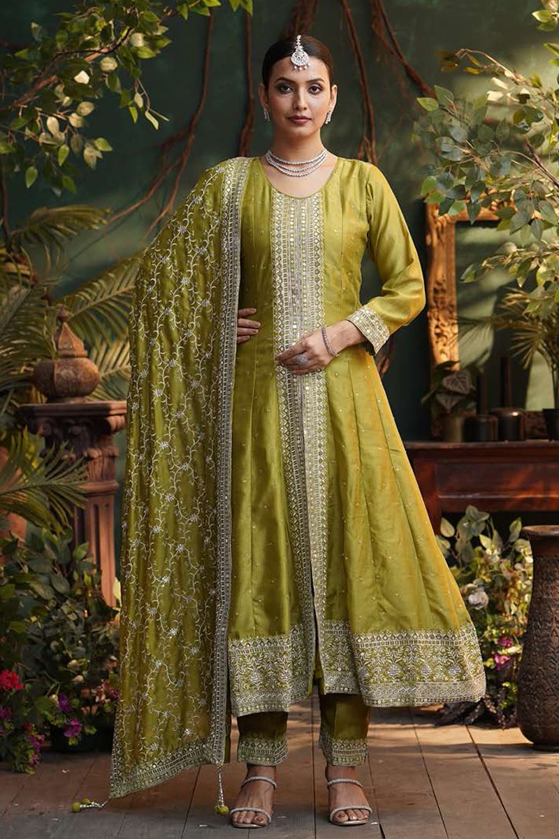 Flamboyant Olive Green Silk Designer Anarkali Suit for Mehendi, Sangeet, and Parties