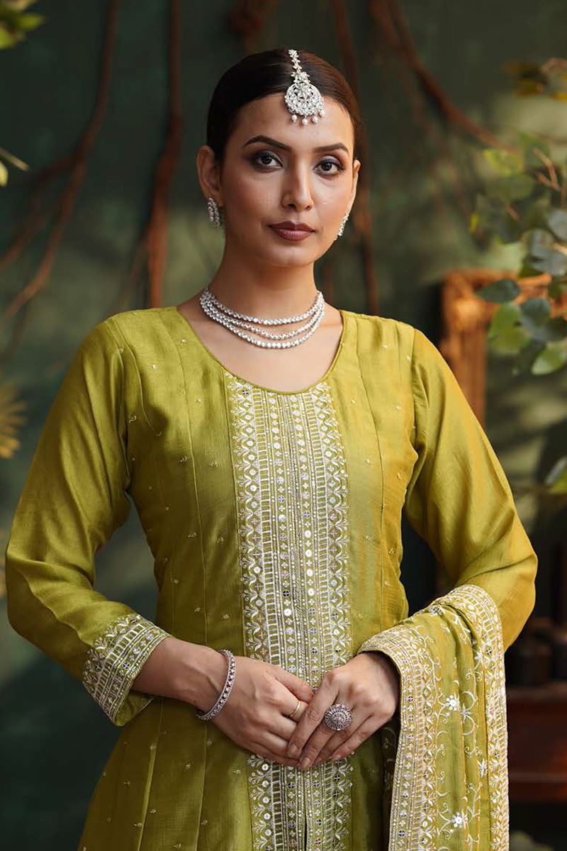 Flamboyant Olive Green Silk Designer Anarkali Suit for Mehendi, Sangeet, and Parties
