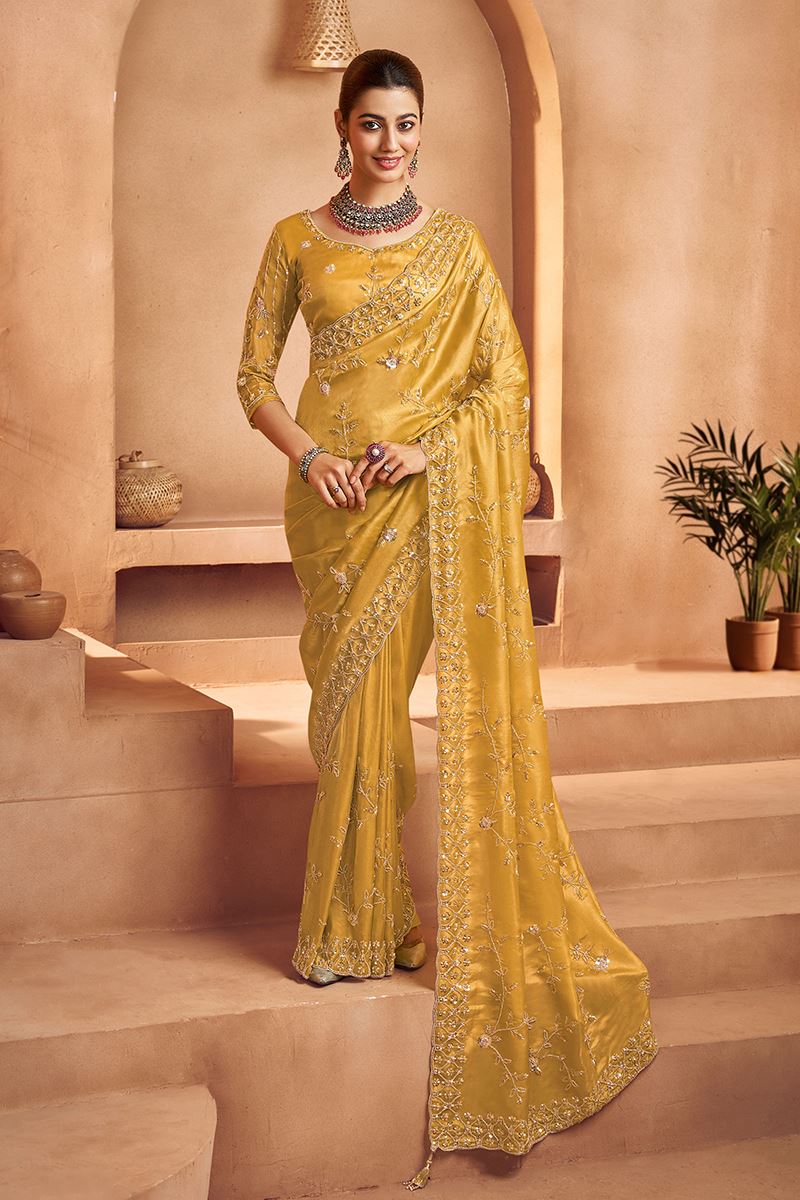 Magnificent Tissue Silk Designer Saree for Engagement, Haldi, and Parties