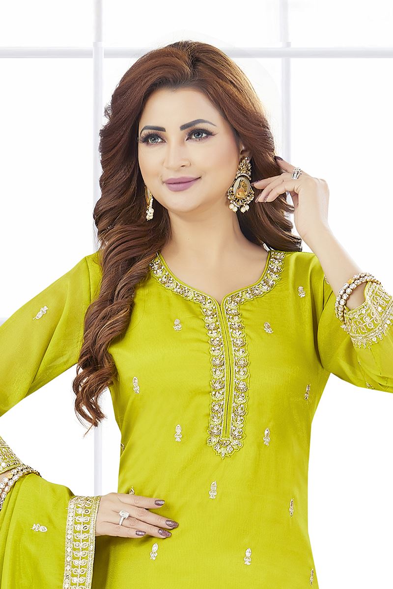 Spectacular Chinon Designer Palazzo Suit for Engagement, Reception, and Mehendi