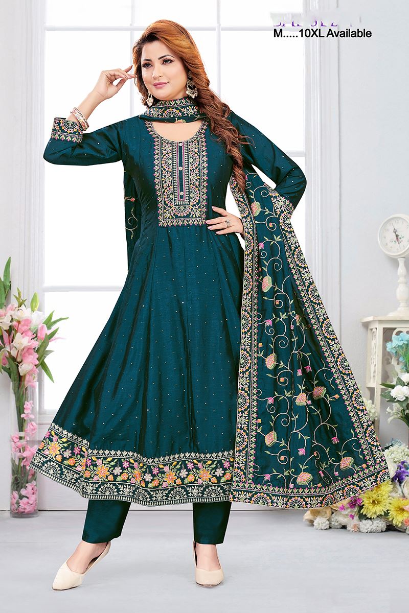 Astounding Chinon Silk Designer Anarkali Suit for Festivals, Sangeet, and Parties