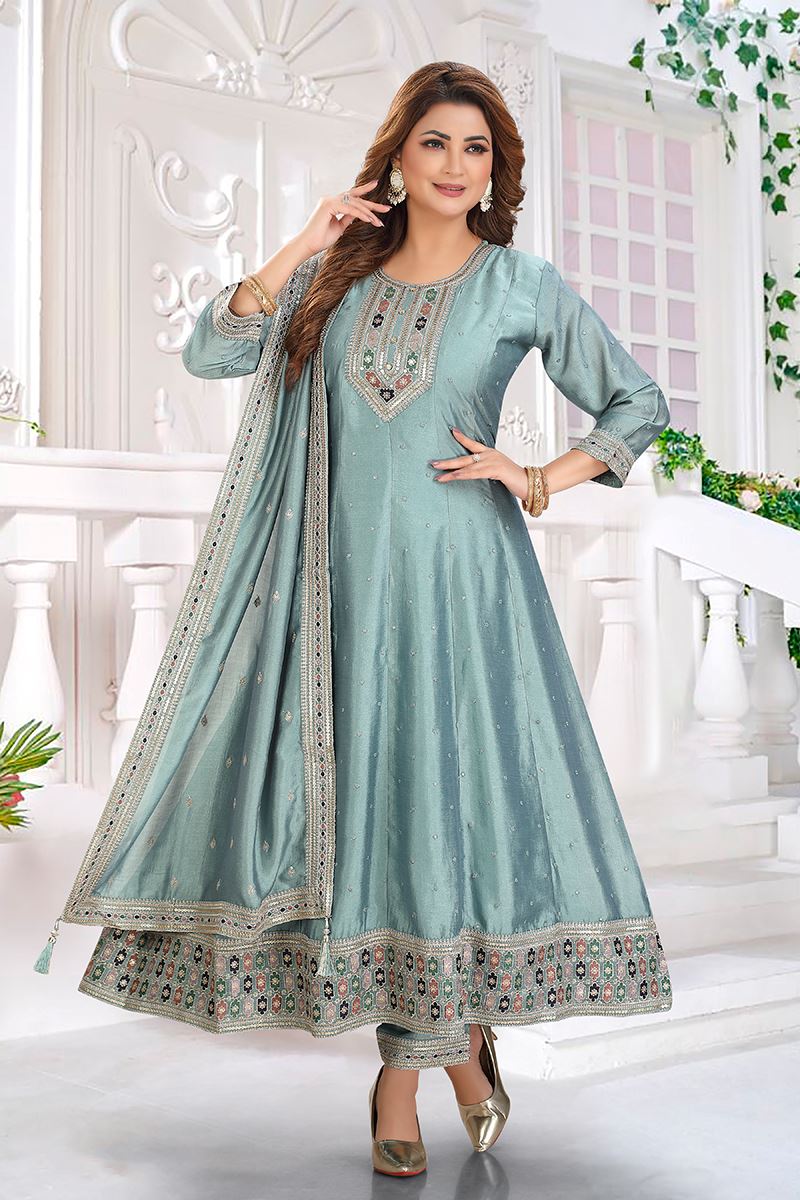 Vibrant Silk Designer Anarkali Suit for Engagement, Reception, and Sangeet