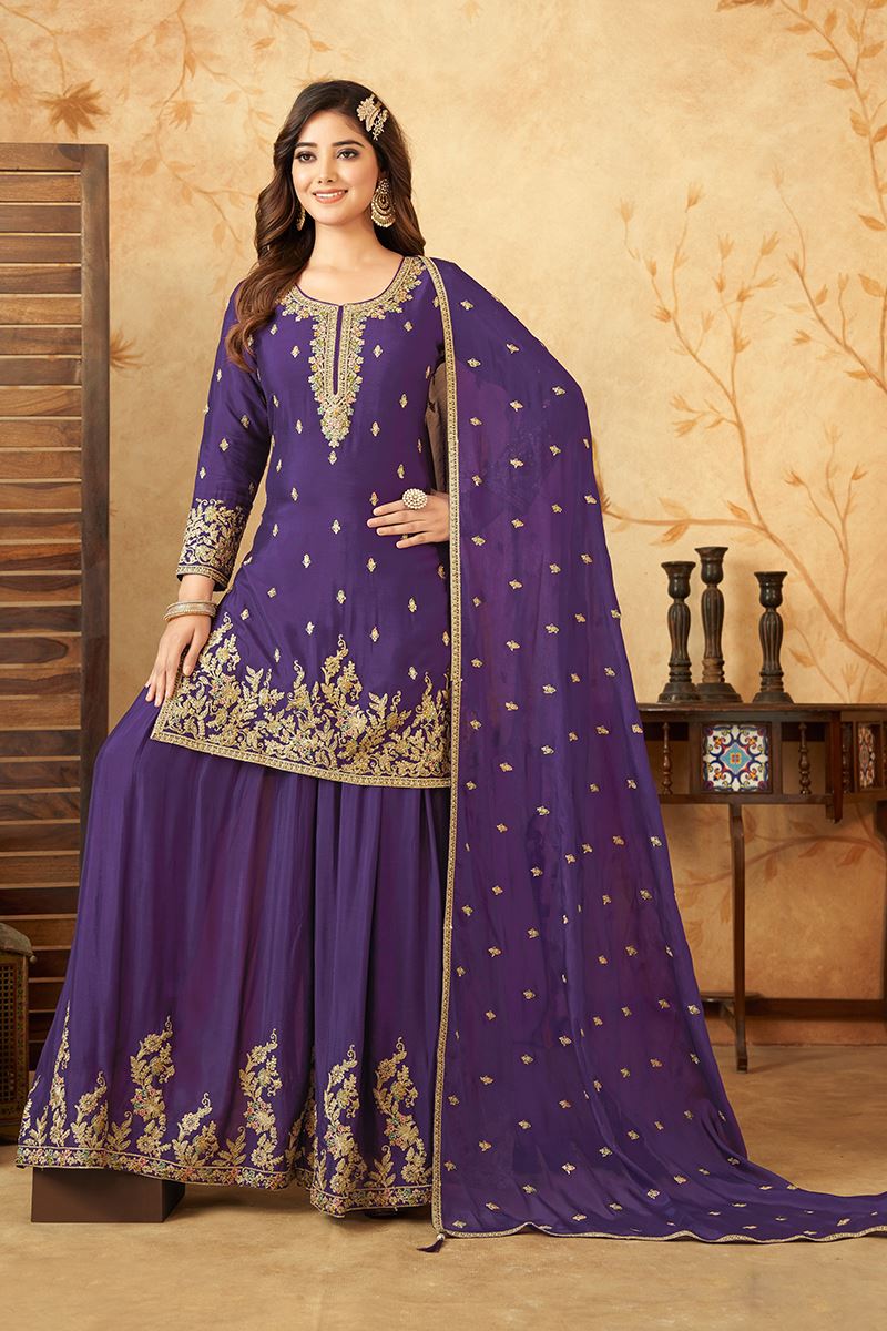 Fashionable Purple Designer Palazzo Suit for Reception, Sangeet, and Parties