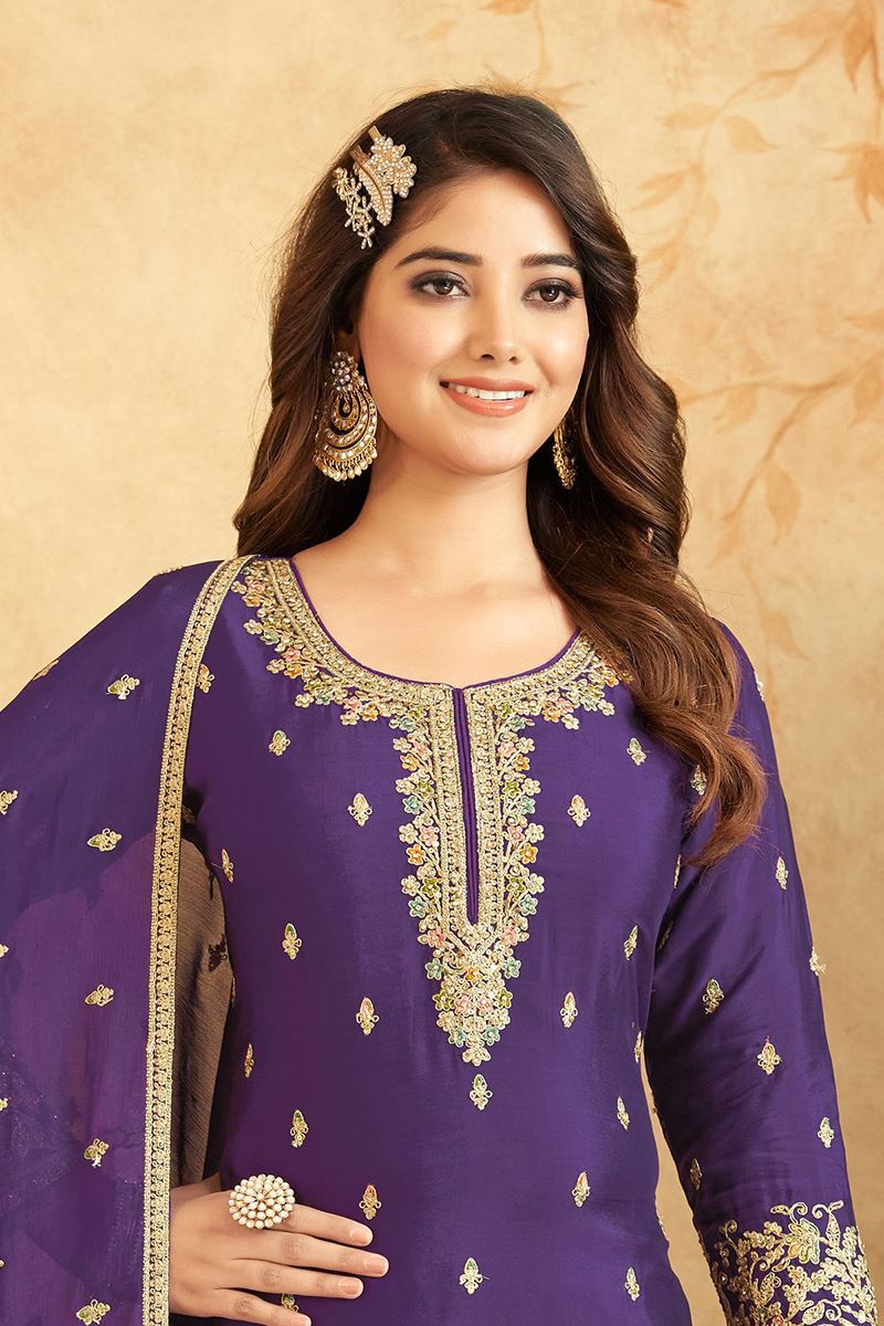 Fashionable Purple Designer Palazzo Suit for Reception, Sangeet, and Parties