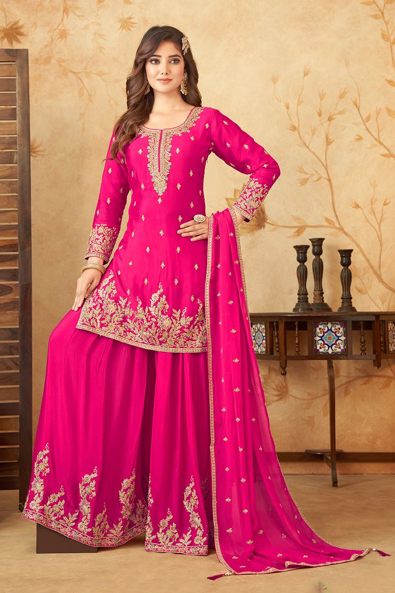 Striking Fuschia Pink Designer Palazzo Suit for Reception, Sangeet, and Parties