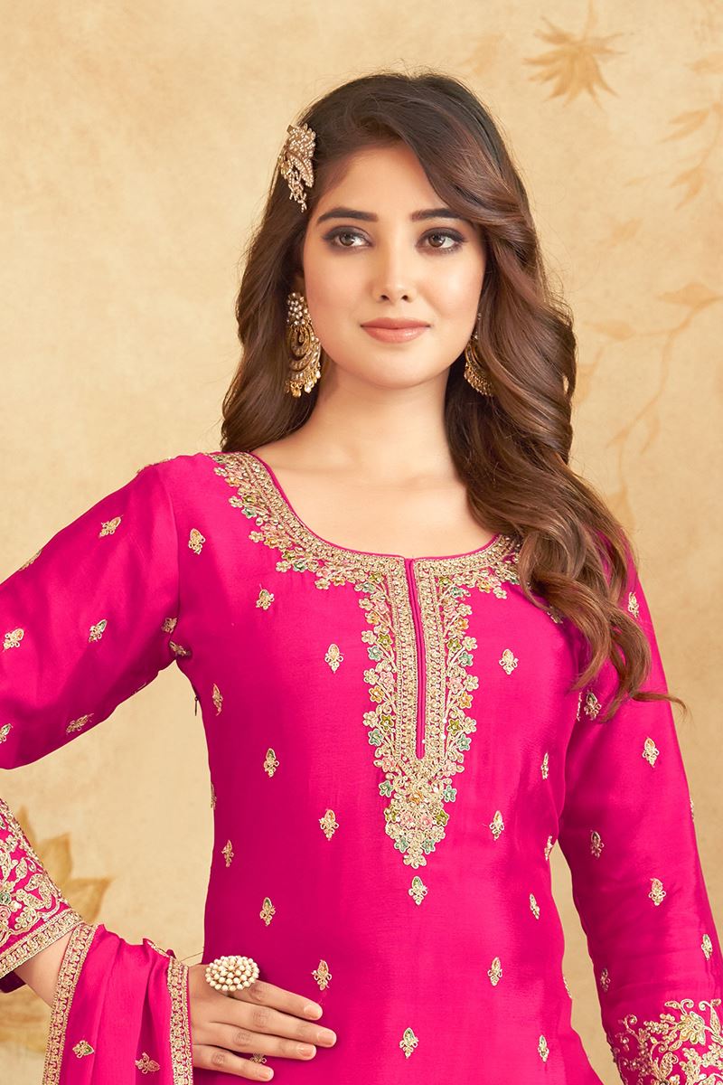 Striking Fuschia Pink Designer Palazzo Suit for Reception, Sangeet, and Parties
