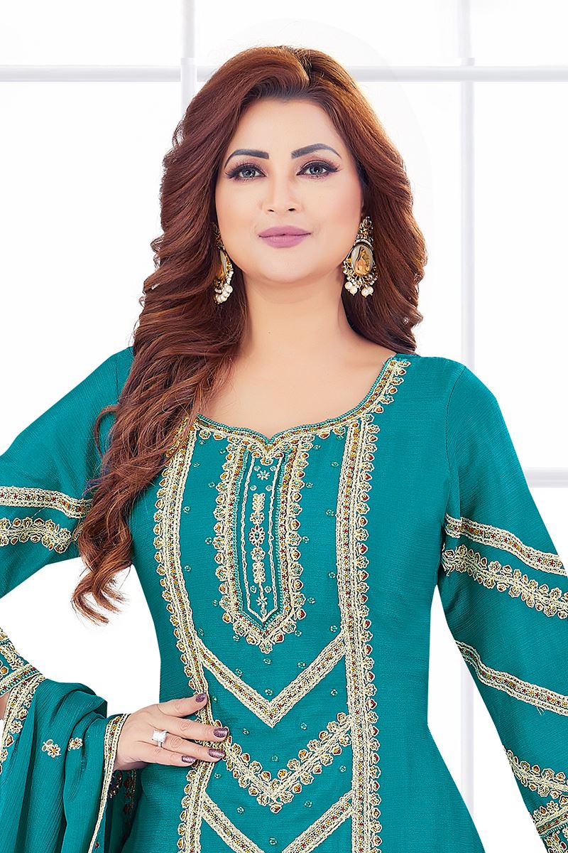 Striking Rama Green Designer Palazzo Suit for Wedding, Reception, and Festivals