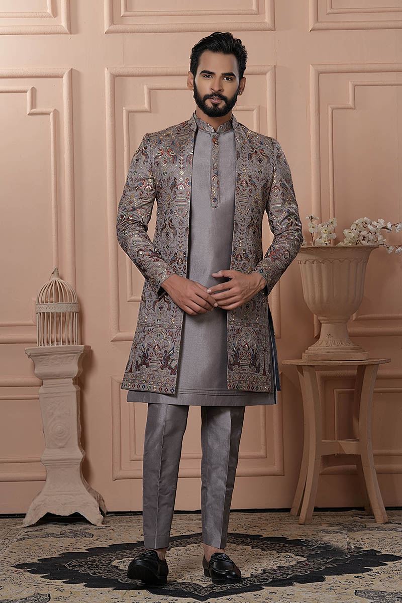 Classy Grey Designer Men’s Indo-Western for Engagement, Reception, and Wedding