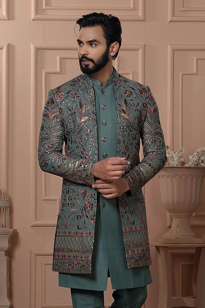 Charming Pastel Green Designer Men’s Indo-Western for Engagement, Reception, and Wedding