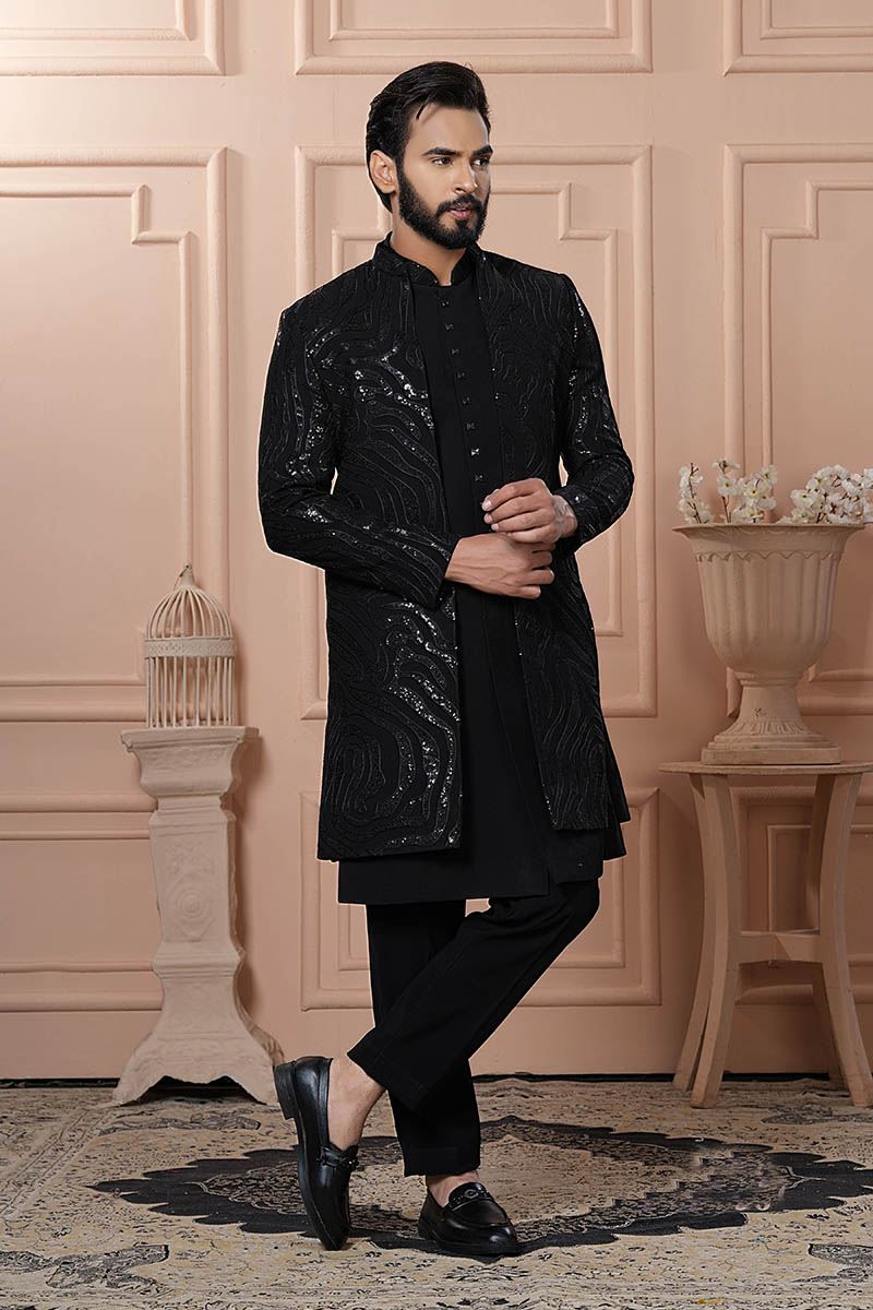 Impressive Black Designer Men’s Indo-Western for Engagement, Reception, and Wedding