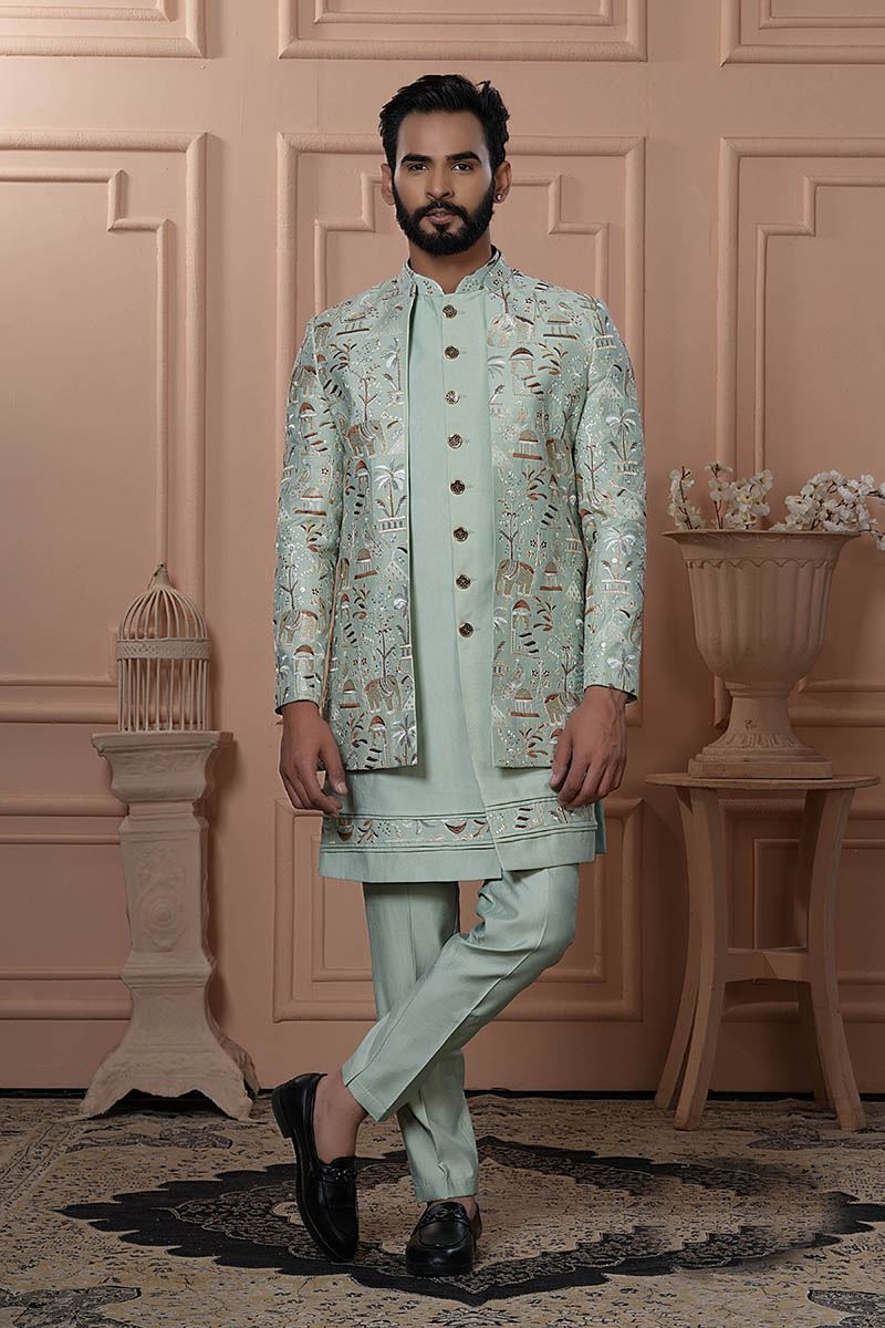 Appealing Pista Designer Men’s Indo-Western for Engagement, Reception, and Wedding