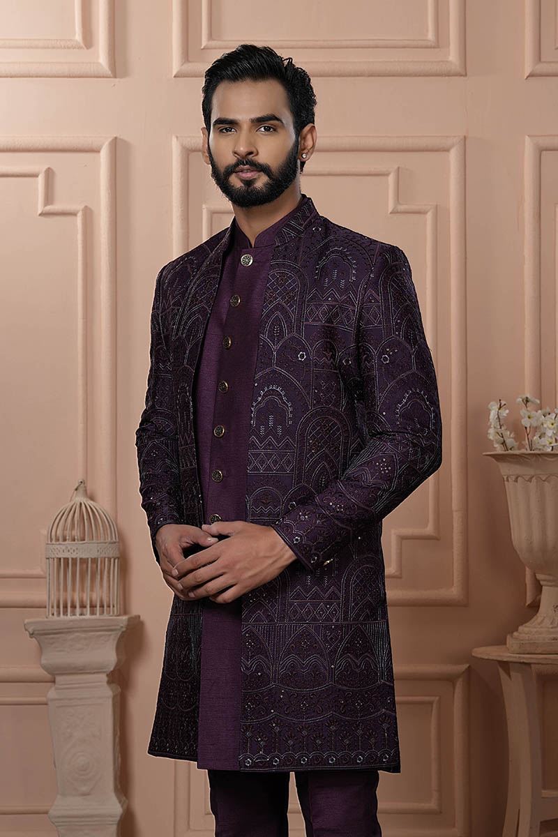 Spectacular Purple Designer Men’s Indo-Western for Engagement, Reception, and Wedding