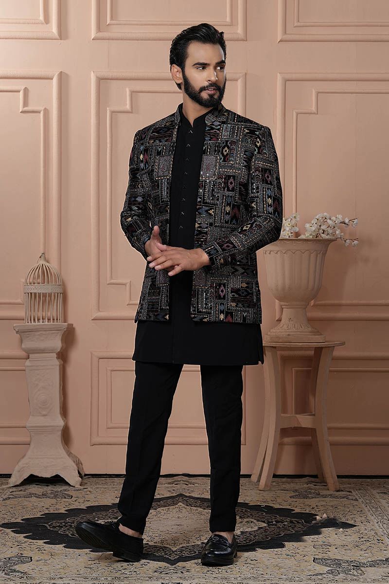 Aesthetic Jade Black Designer Men’s Indo-Western for Engagement, Reception, and Wedding