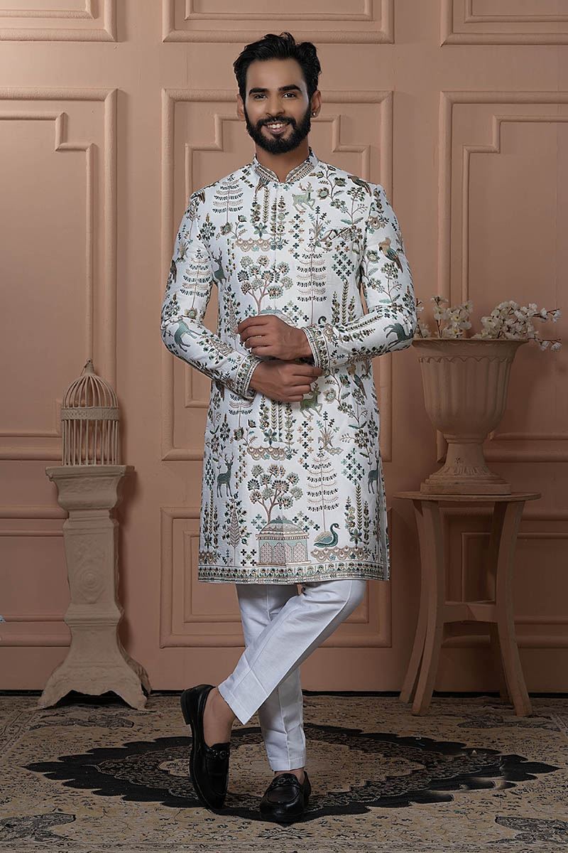 Stylish White Designer Men’s Indo-Western for Engagement, Reception, and Wedding