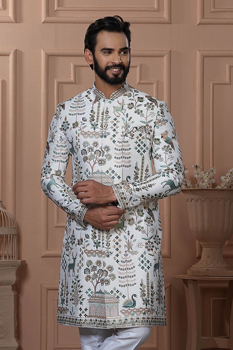 Stylish White Designer Men’s Indo-Western for Engagement, Reception, and Wedding
