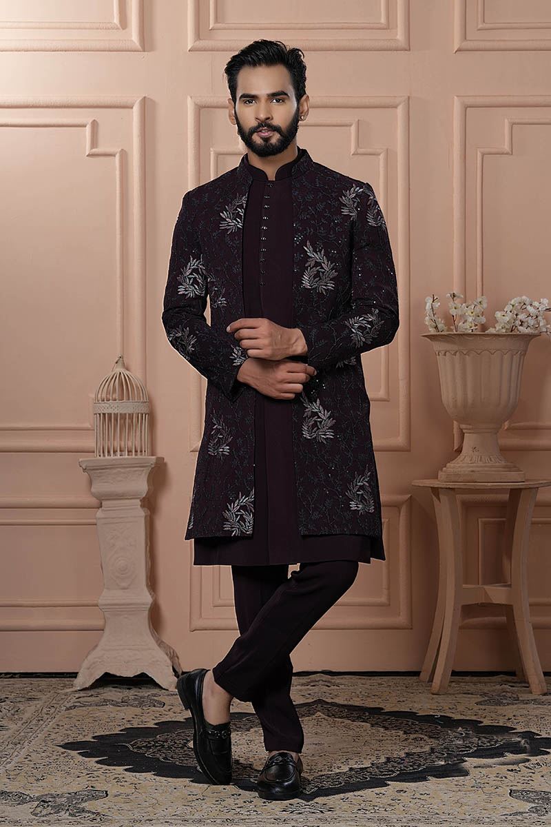 Attractive Wine Designer Men’s Indo-Western for Engagement, Reception, and Wedding