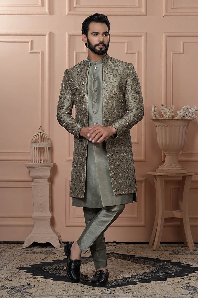 Dashing Mehendi Green Designer Men’s Indo-Western for Engagement, Reception, and Wedding