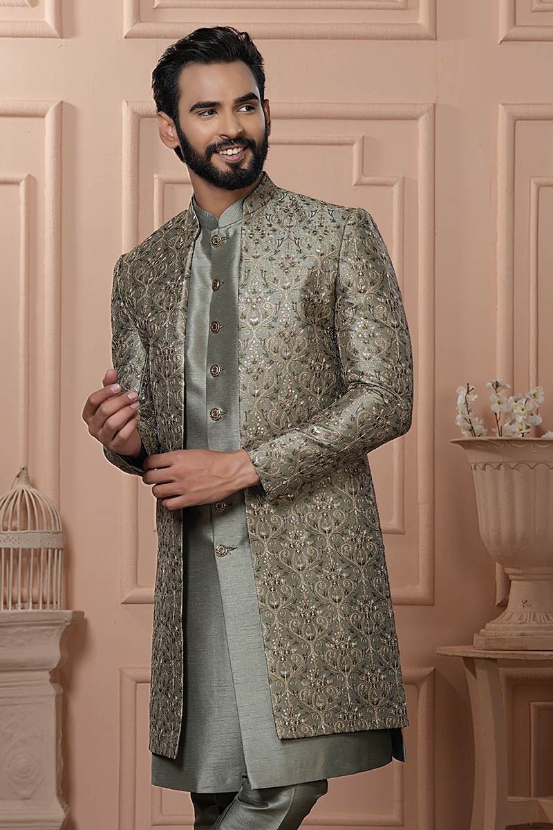 Dashing Mehendi Green Designer Men’s Indo-Western for Engagement, Reception, and Wedding