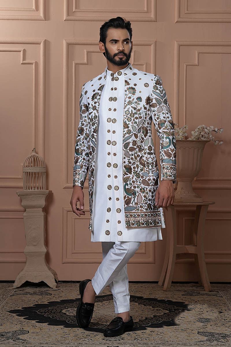 Splendid White Designer Men’s Indo-Western for Engagement, Reception, and Wedding