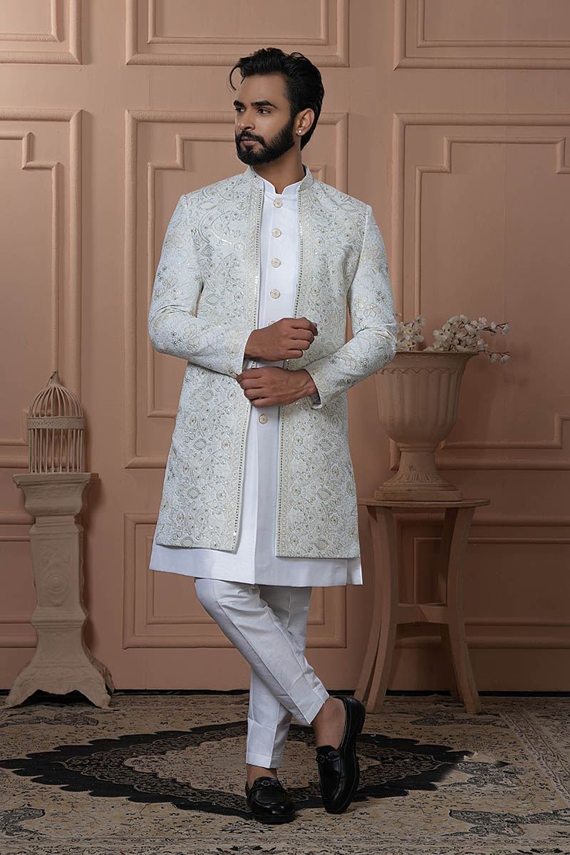 Spectacular Light Sky Designer Men’s Indo-Western for Engagement, Reception, and Wedding