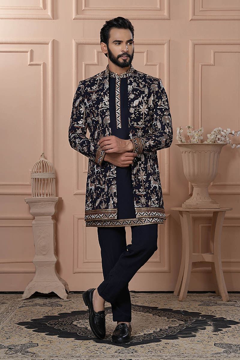 Charismatic Navy Blue Designer Men’s Indo-Western for Engagement, Reception, and Wedding