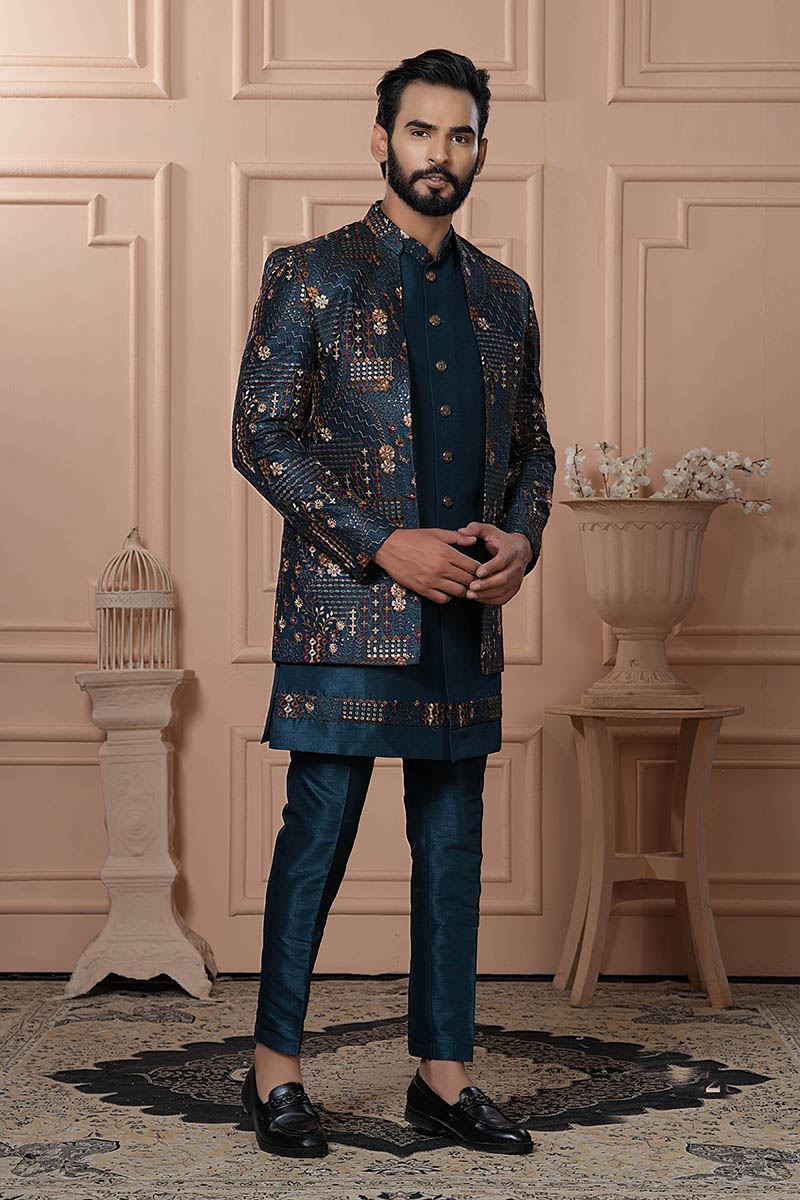Stylish Peacock Rama Designer Men’s Indo-Western for Engagement, Reception, and Wedding