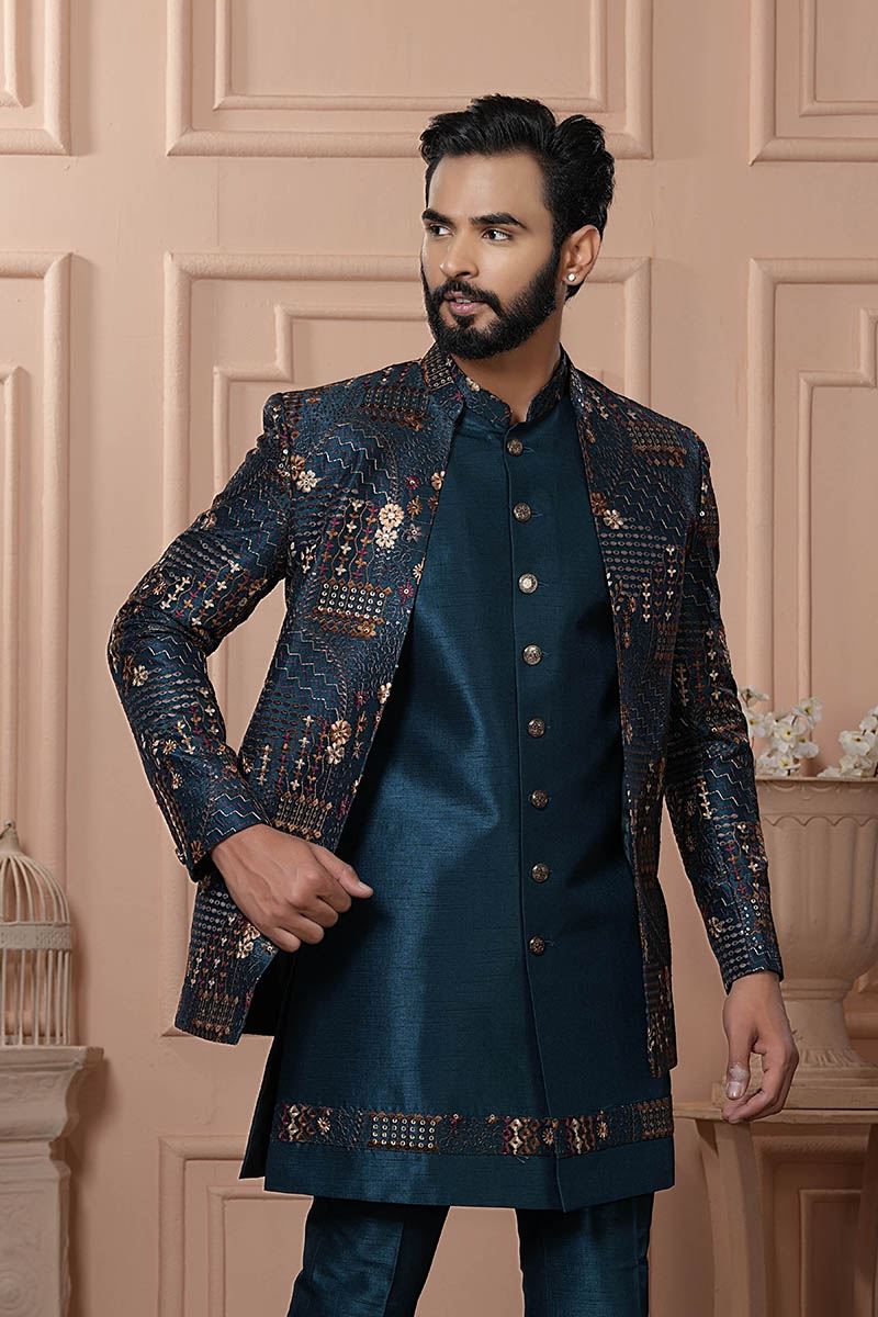 Stylish Peacock Rama Designer Men’s Indo-Western for Engagement, Reception, and Wedding