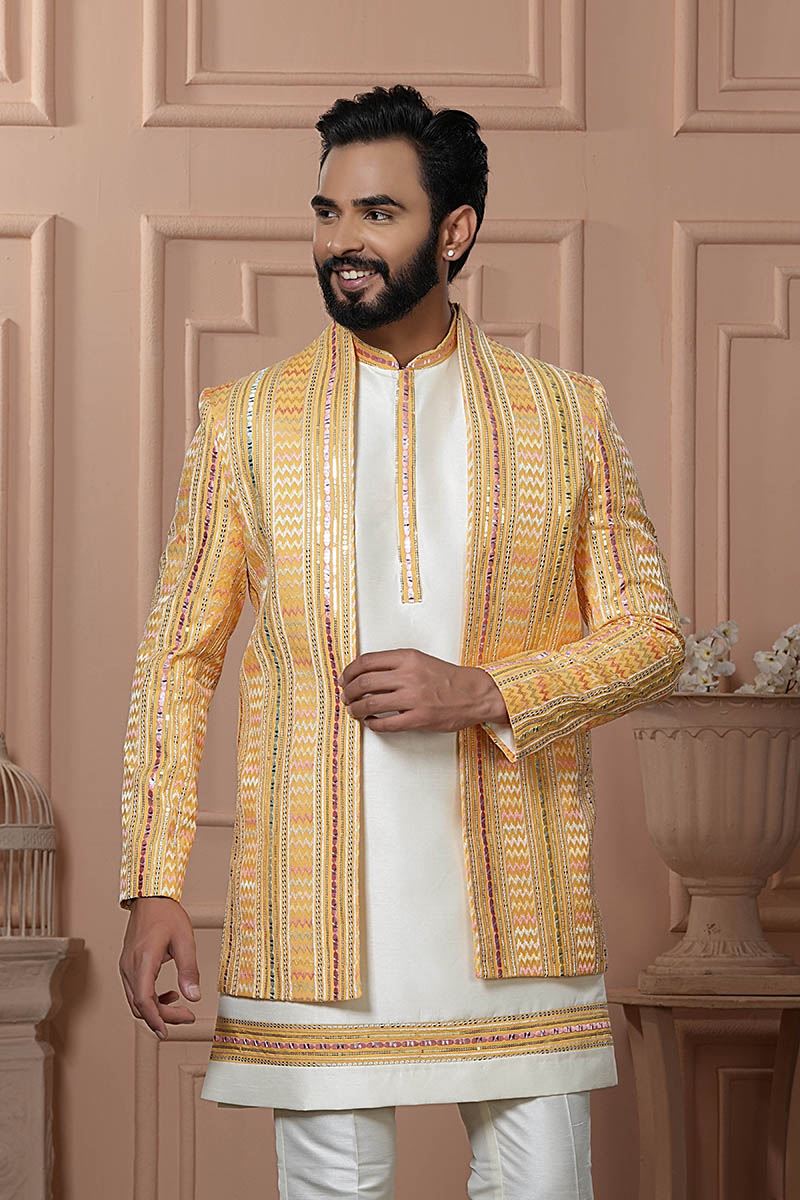 Attractive Yellow Designer Men’s Indo-Western for Haldi and Reception