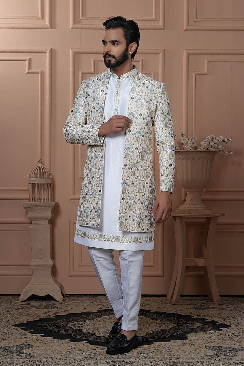 Charming Off-White Designer Men’s Indo-Western for Engagement and Reception