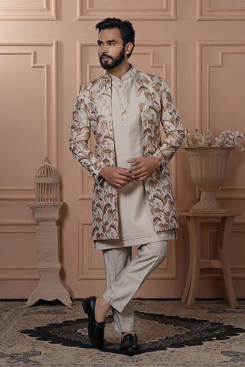 Delightful Beige Designer Men’s Indo-Western for Engagement and Reception