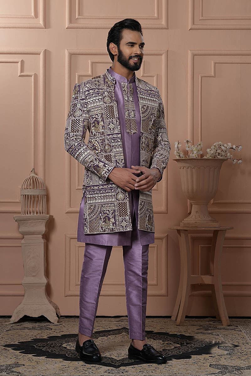 Impressive Magenta Designer Men’s Indo-Western for Engagement, Wedding, and Reception