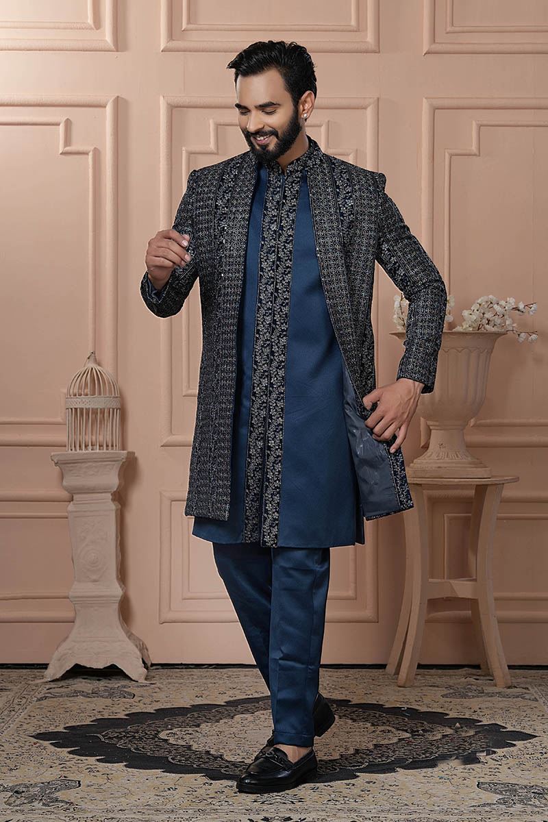 Amazing Peacock Blue Designer Men’s Indo-Western for Engagement, Wedding, and Reception