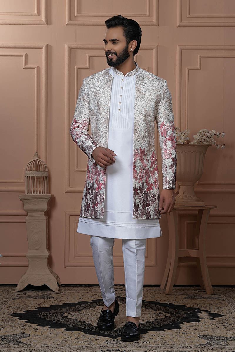 Royal Shaded Cream to Wine Designer Men’s Indo-Western for Engagement, Wedding, and Reception
