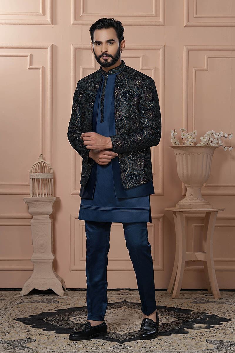 Splendid Peacock Blue Designer Men’s Indo-Western for Engagement, Wedding, and Reception