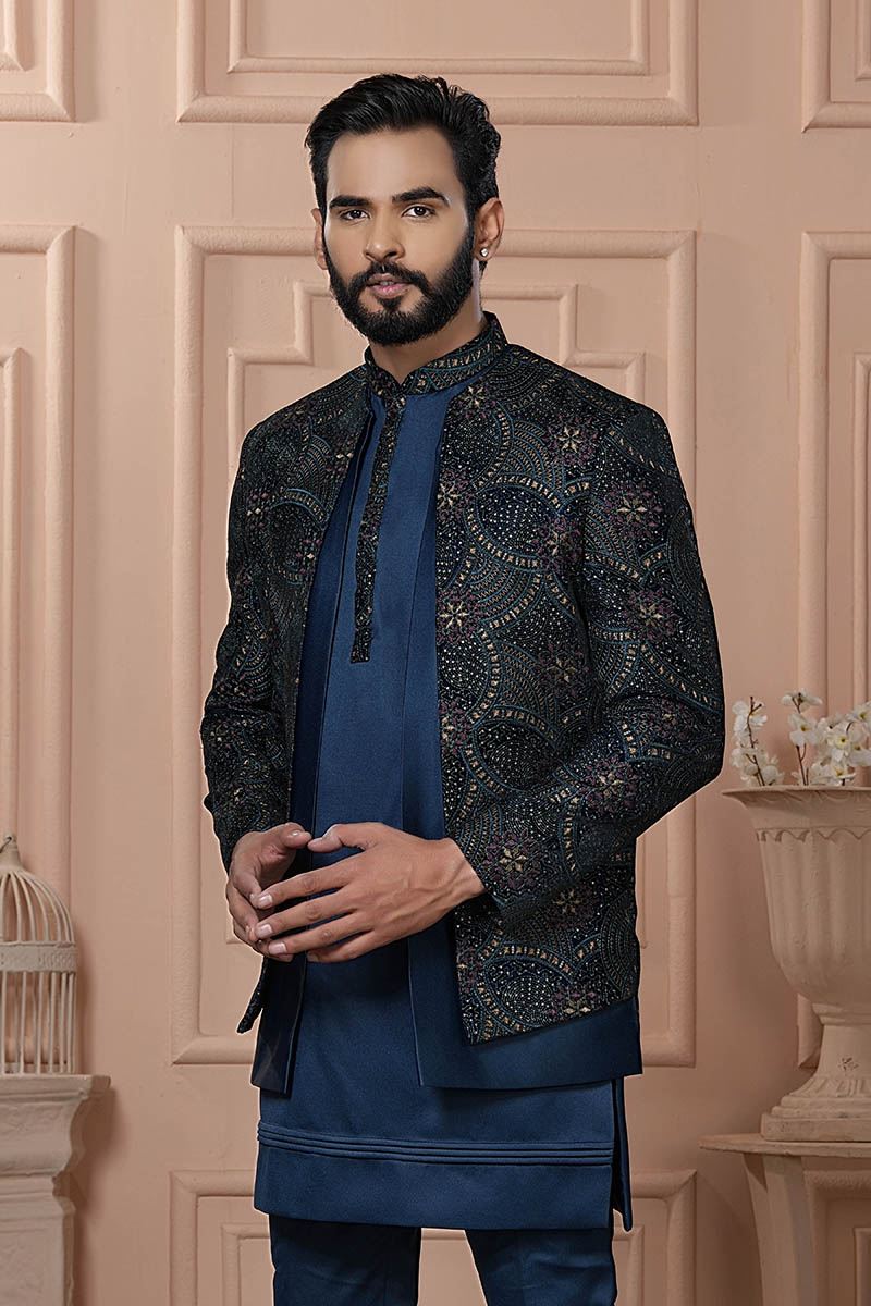 Splendid Peacock Blue Designer Men’s Indo-Western for Engagement, Wedding, and Reception