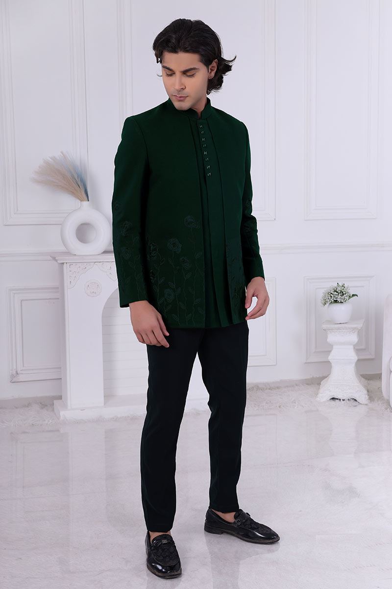 Attractive Bottle Green Designer Men’s Indo-Western for Engagement and Reception