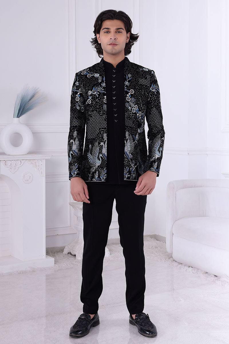 Aesthetic Black Designer Men’s Indo-Western for Engagement and Reception