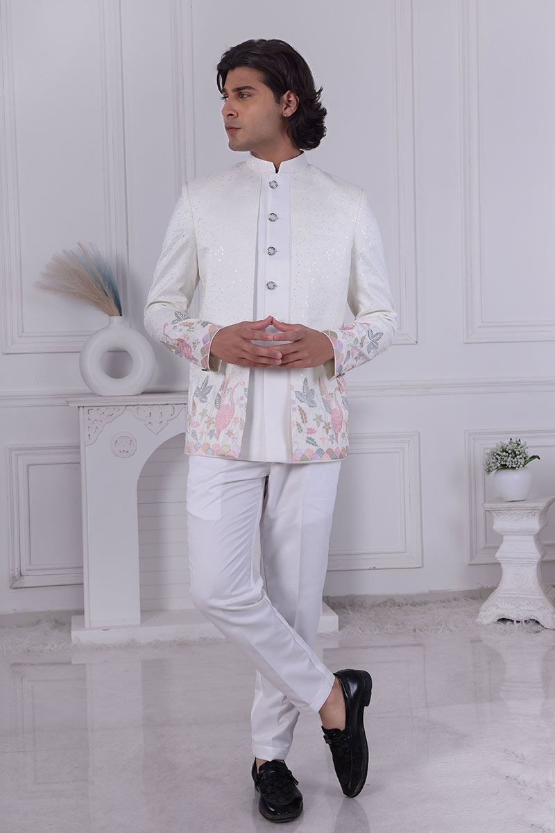 Captivating Off-White Designer Men’s Indo-Western for Engagement and Reception