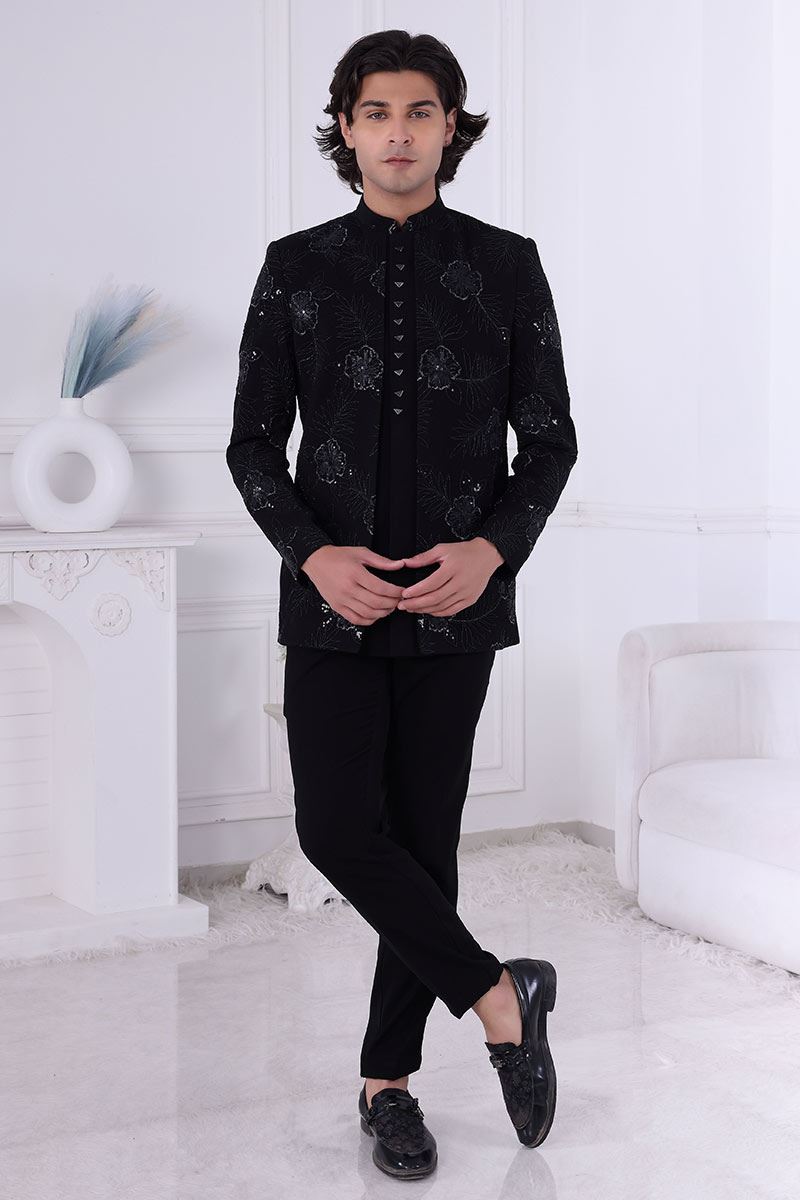 Charismatic Black Designer Men’s Indo-Western for Engagement and Reception