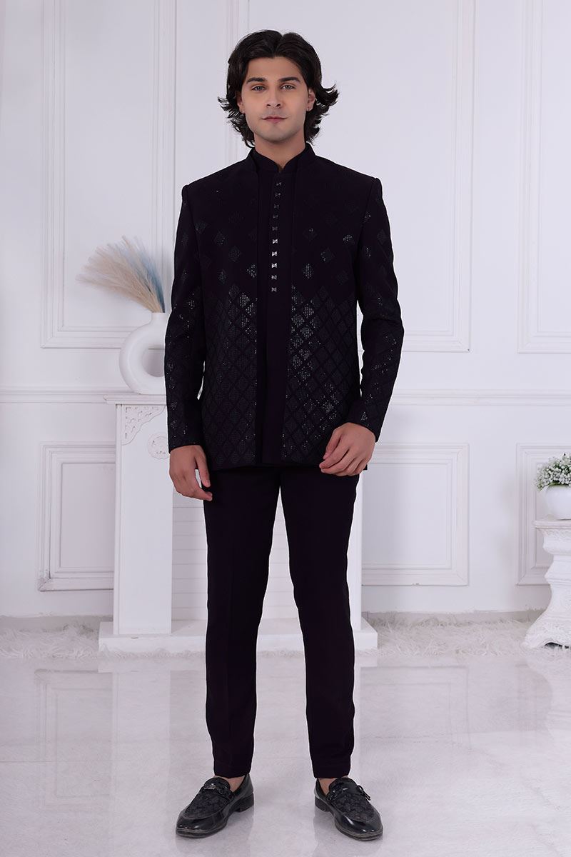 Artistic Dark Wine Designer Men’s Indo-Western for Engagement and Reception