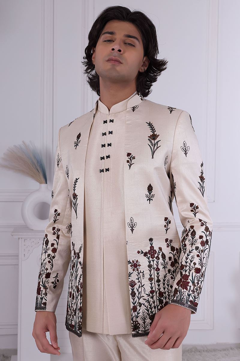 Royal Cream Designer Men’s Indo-Western for Engagement and Reception
