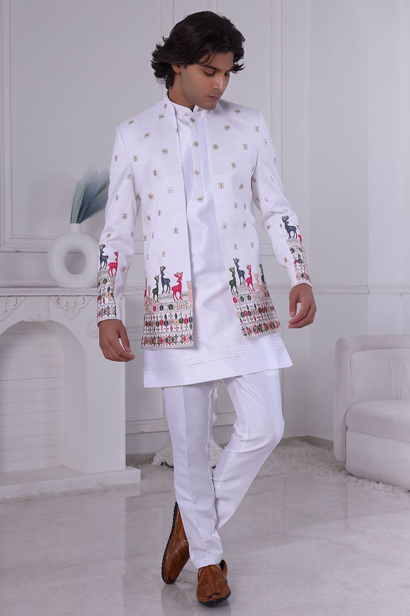 Amazing White Designer Men’s Indo-Western for Engagement and Reception