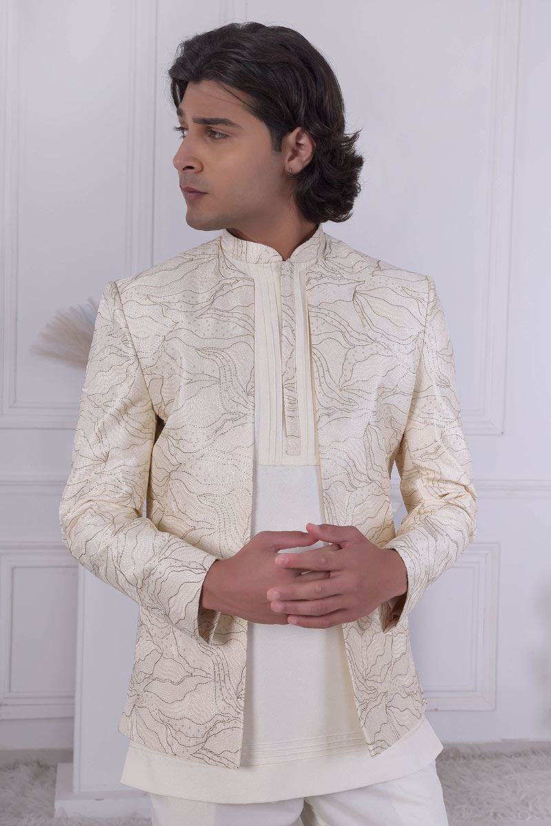 Exquisite Cream Designer Men’s Indo-Western for Engagement and Reception