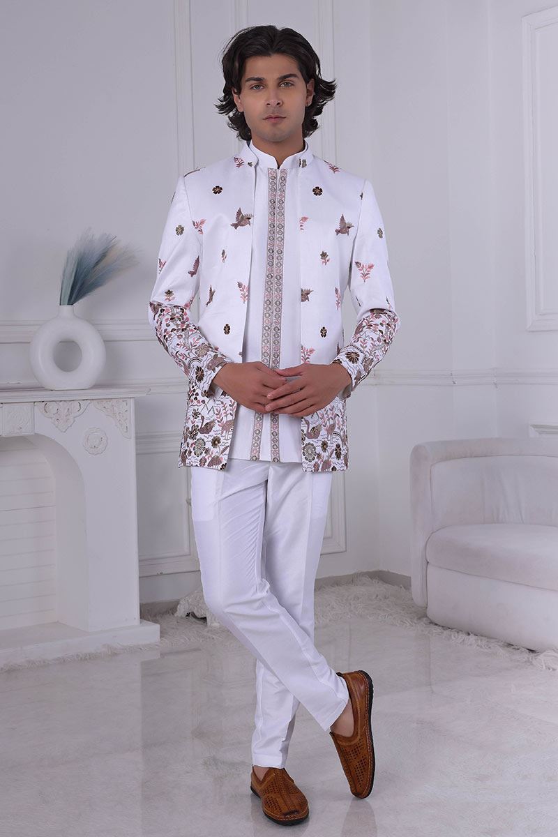Classy White Designer Men’s Indo-Western for Engagement and Reception